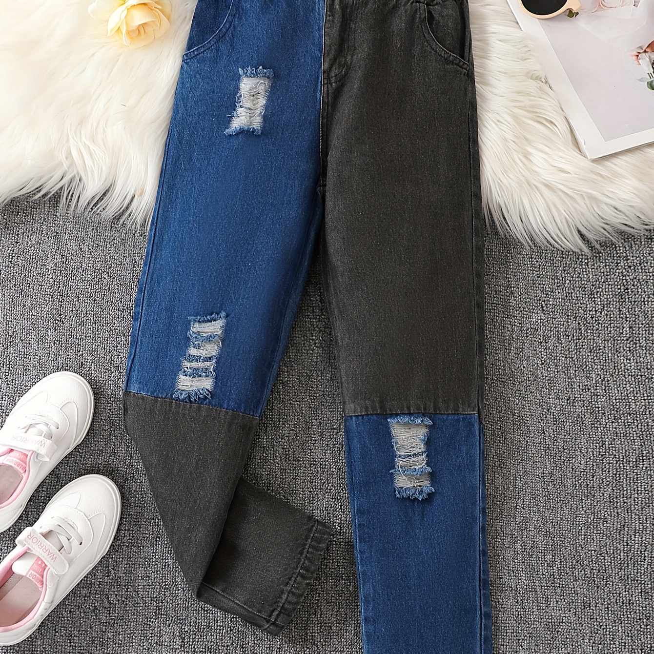 Girls Stretch Ripped Imitation Denim Print Allover Print Jeans High Waist  Casual Legging Pants, Kids Botttoms For Spring And Fall