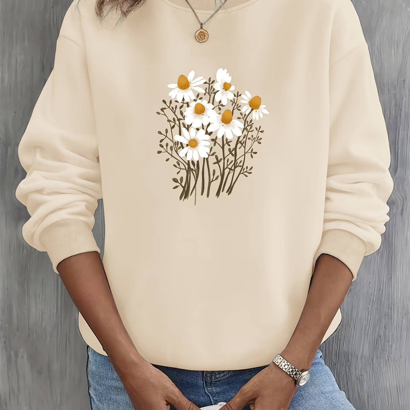 

Floral Graphic Print Sweatshirt, Crew Neck Casual Sweatshirt For Fall & Spring, Women's Clothing