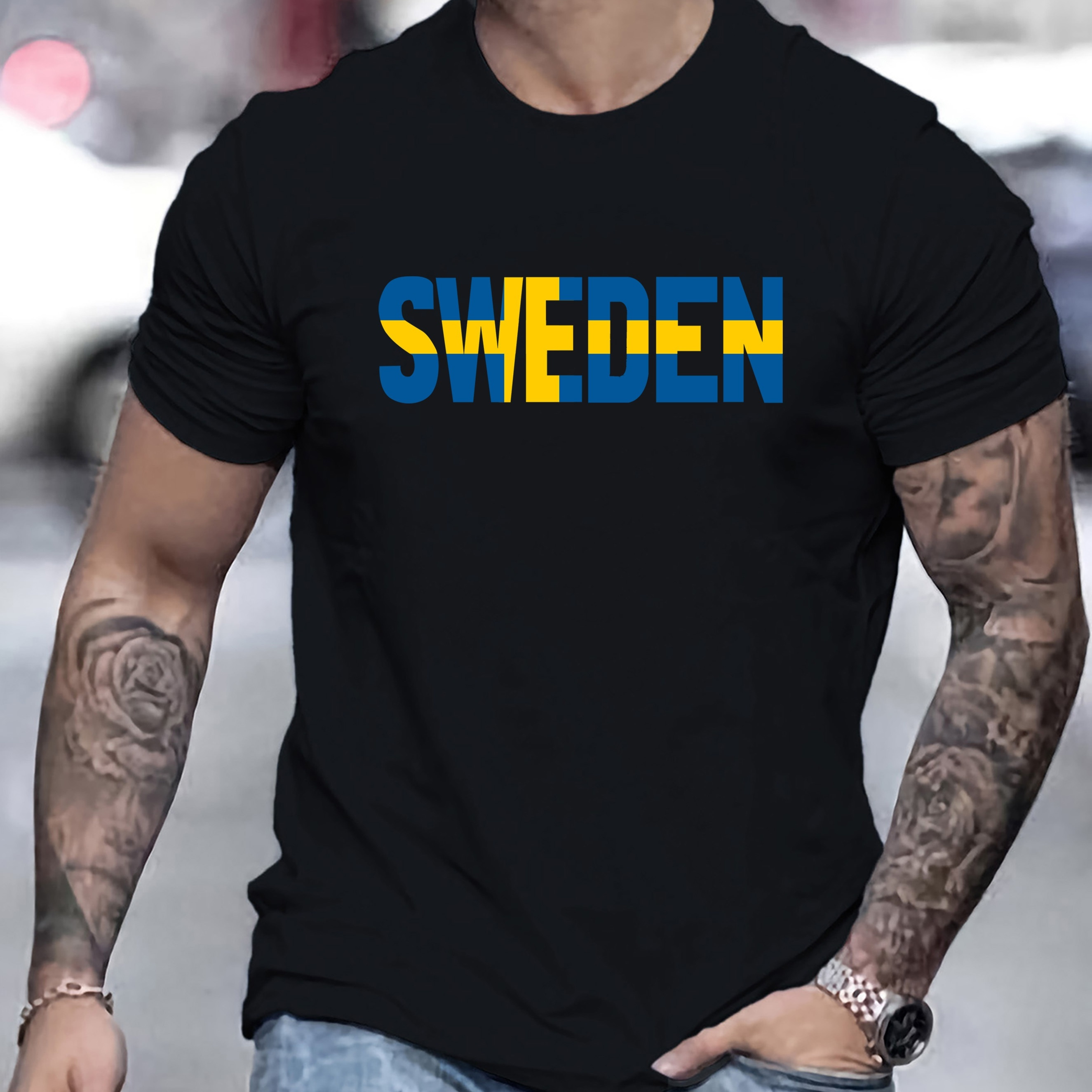 

Sweden Print Crew Neck T-shirt For Men, Casual Short Sleeve Top, Men's Clothing