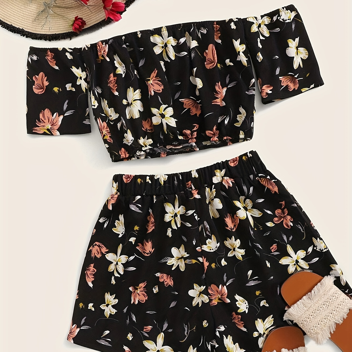 

Elegant Floral Print Summer 2 Pieces, Off Shoulder Short Sleeve Crop Top & Loose Shorts Outfits, Women's Clothing
