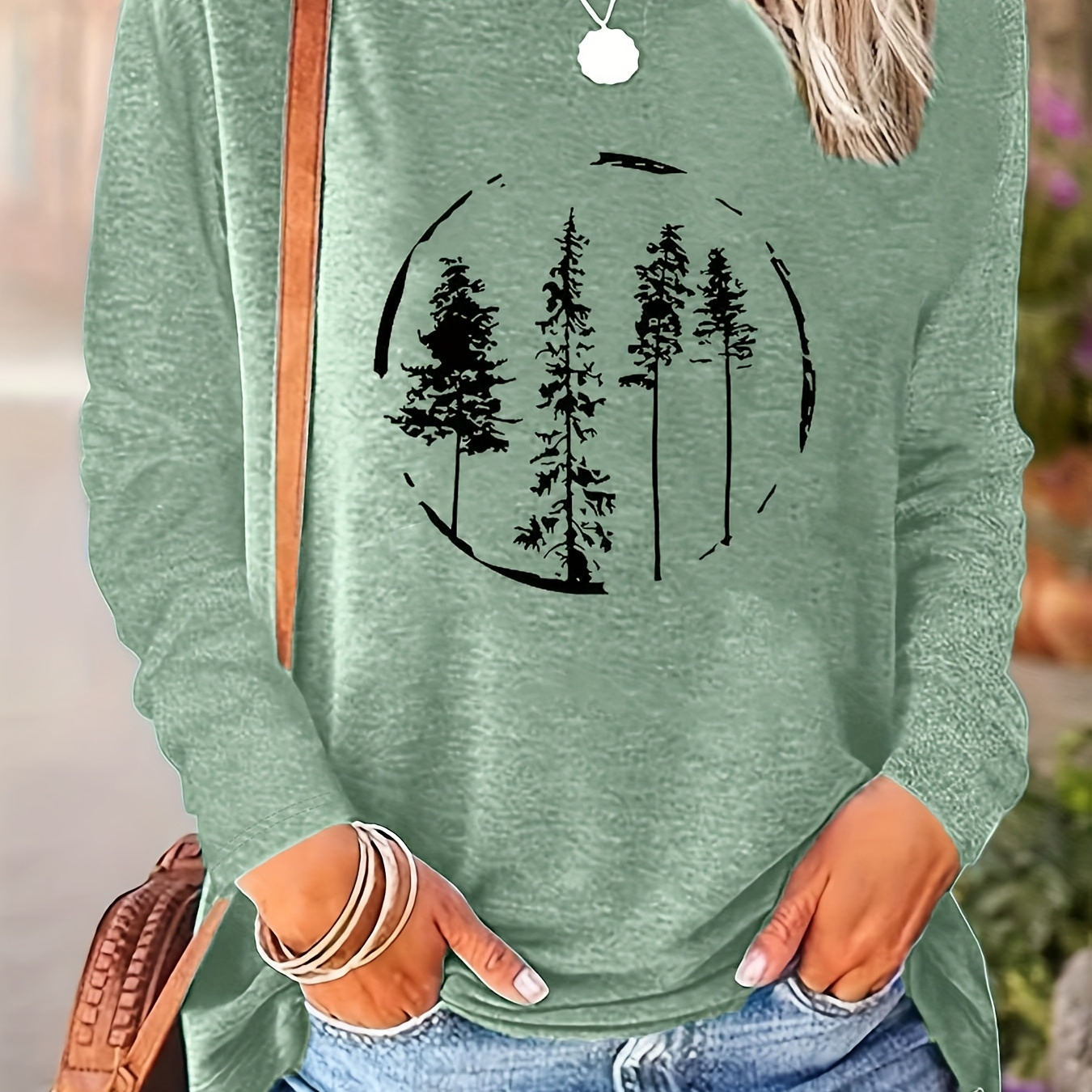 

Women's Casual Long Sleeve T-shirt With Geometric Print - Soft Polyester , Crew Neck, Machine Washable - Spring & Fall