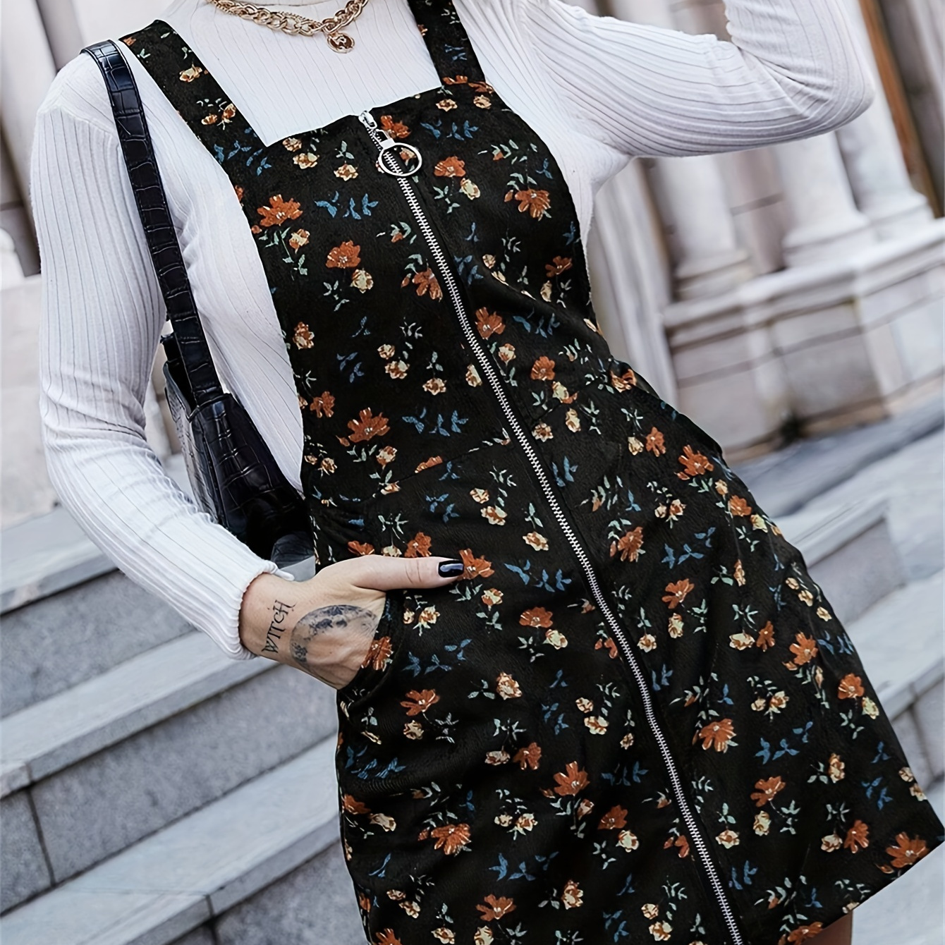 

Elegant Polyester Floral Print Dress With Front Zipper - Collarless, Fitted Style For Spring/fall - 100% Polyester Woven Women's Dress With Zipper Detail