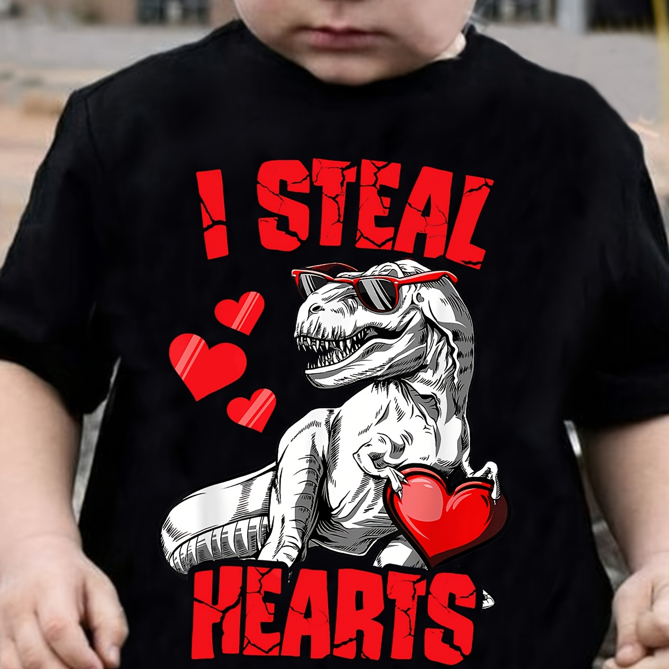 

1pc Chicfull Boys' Valentine's Day T-shirt, "i Hearts" Dinosaur Print, Casual Crew Neck, Polyester 100%, Slight Stretch, Regular Fit, Knit Fabric, Spring/ - Tx60175