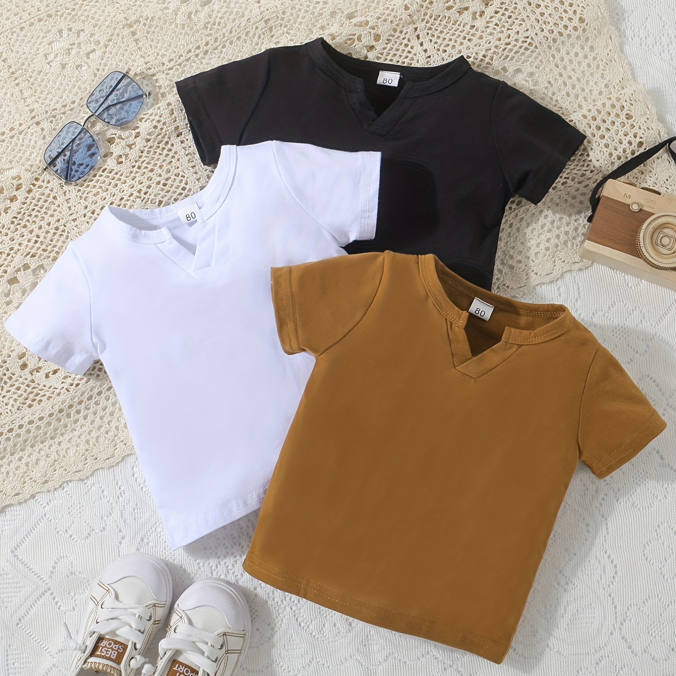 

Baby V-neck T-shirts 3pcs/set, Kid's Comfy Casual Pullover Top