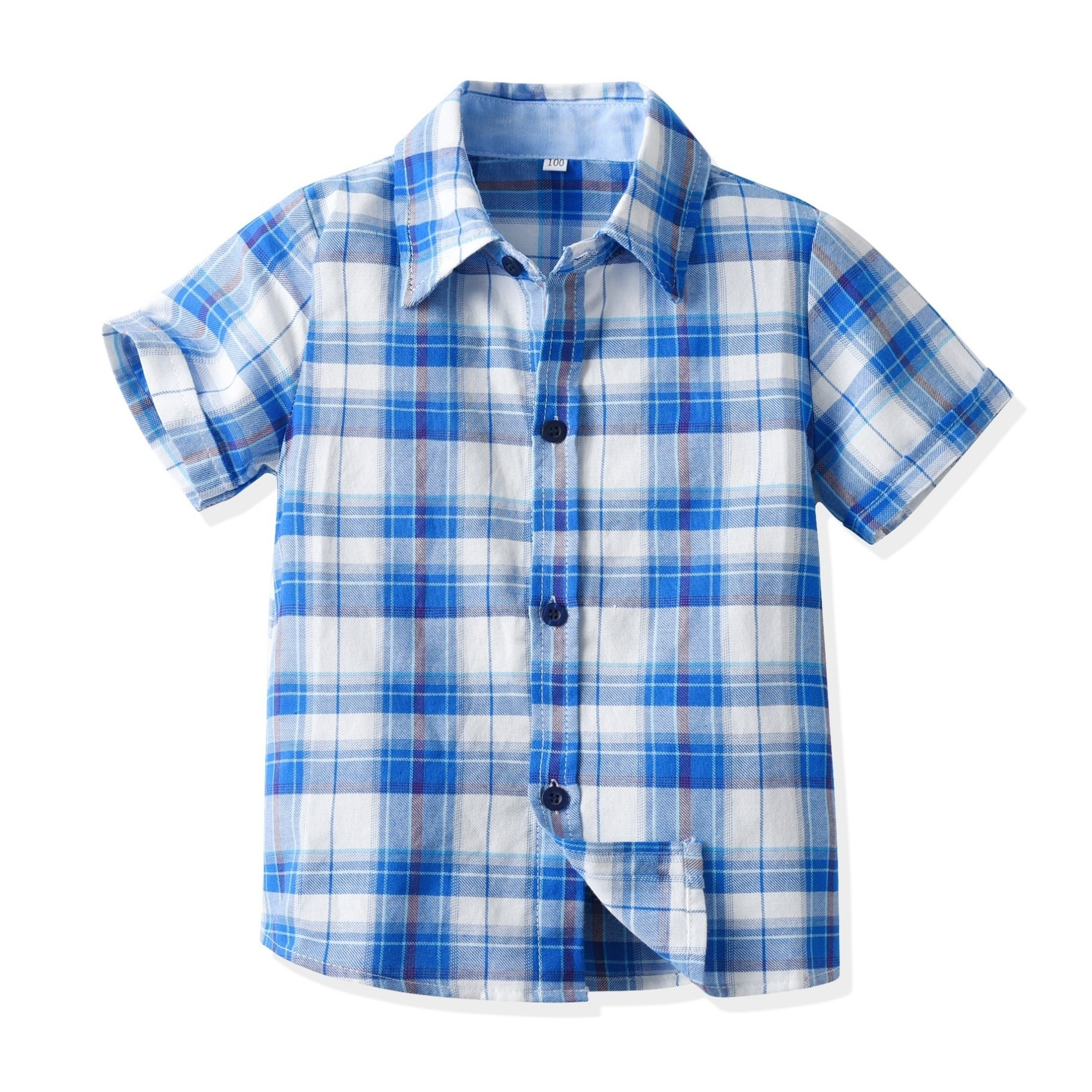 Boys Lapel Button Short Sleeve Plaid Shirt Kids Summer Clothes