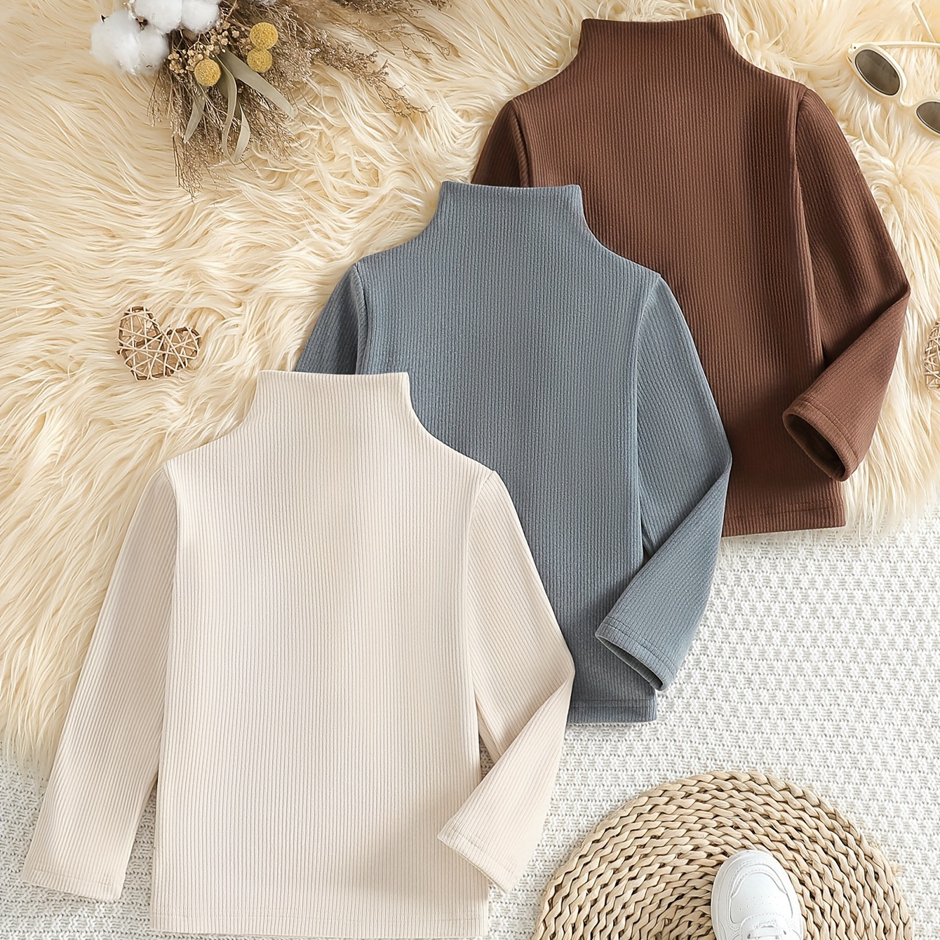 

3pcs Girls' Turtleneck Long Sleeve Tops - Cozy Ribbed Knit, Solid Color Pullovers For Spring, Fall & Winter