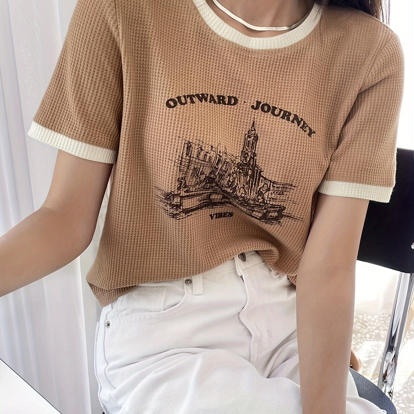 

Graphic & Letter Print Crew Neck T-shirt, Casual Short Sleeve Waffle Top For Spring & Summer, Women's Clothing