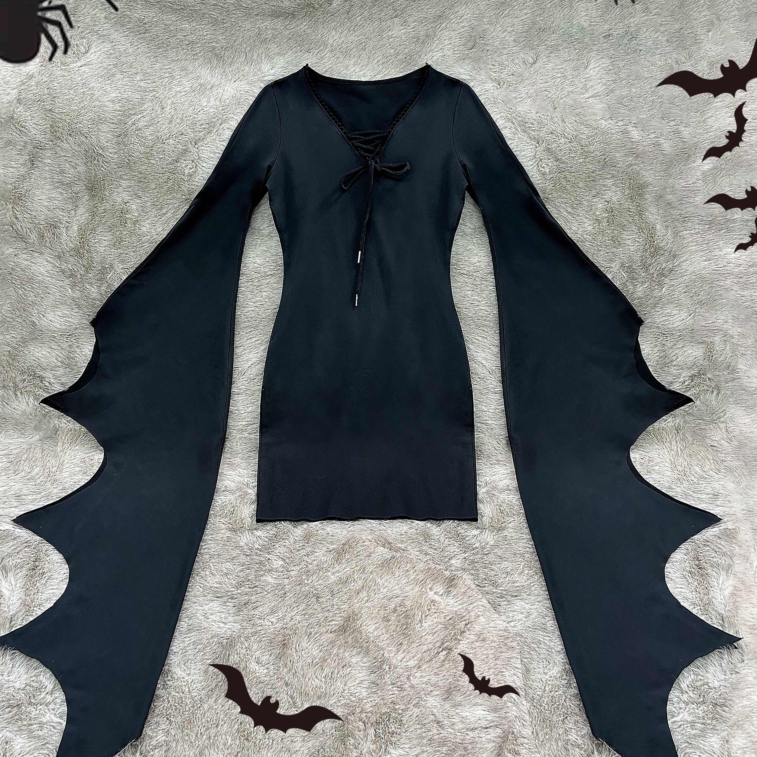 

Robe Élégante Violet à Col en V avec Manches Chauve-Souris & Détail à Nœud - Mélange de Polyester, Lavable en Machine - pour Halloween & Événements d'Automne - Mode Femme, Robe d'Halloween