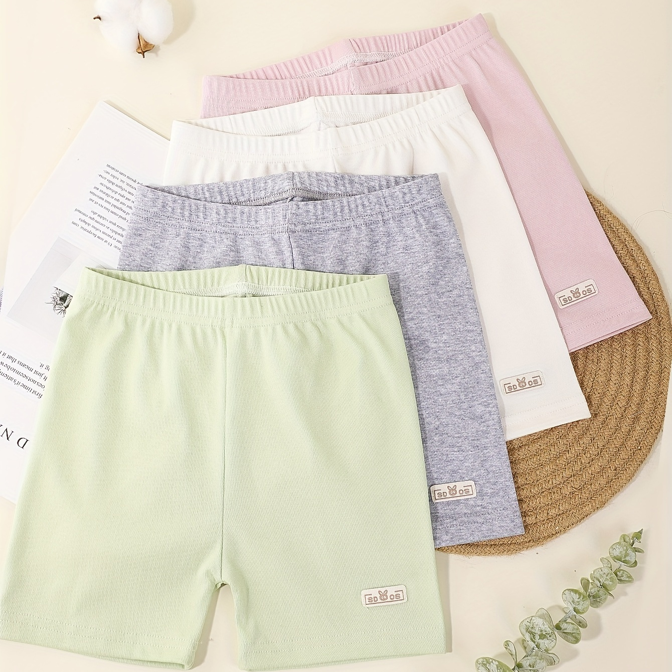 

4pcs Girls Solid Color Casual Rabbit Label Cotton Summer Leggings Set Safety Pants Kids Thin Ice Cotton Breathable Briefs Simple Four-corner Shorts