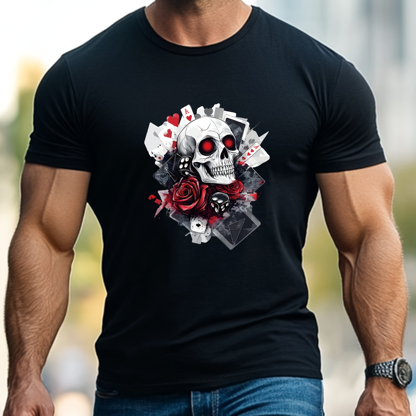 

T-Shirt en Coton Noir pour Homme avec Crâne et Roses - Style Décontracté de Rue, Manches Courtes et Col Rond, Idéal pour les Activités Extérieures d'Été et le Fitness