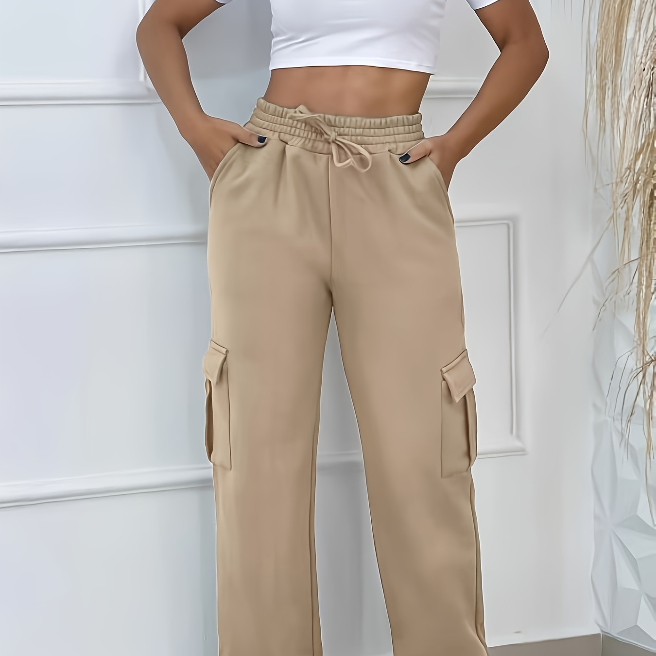 

Pantalon Cargo Taille Haute pour Femmes - Couleur Unie, Style Décontracté avec Poches, Mélange de Polyester Extensible, Lavable en Machine - pour /Automne