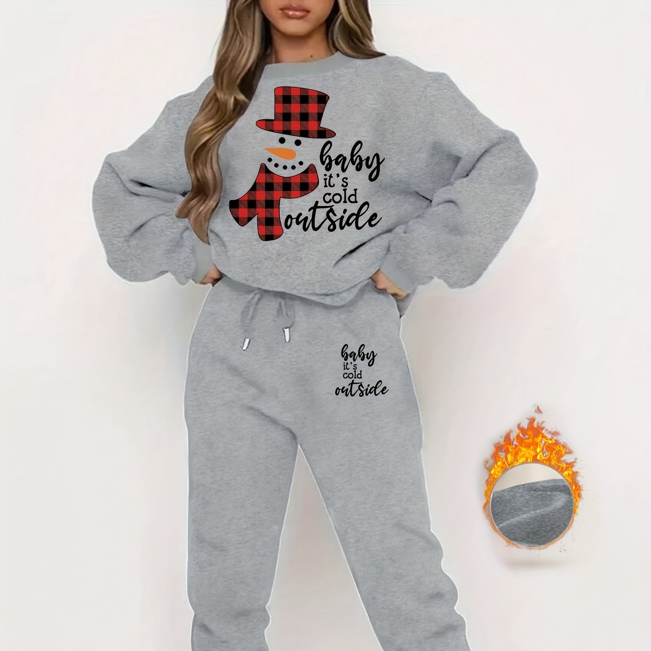 

Cozy Snowman Print Women's Sweatshirt & Joggers Set - Casual Polyester Knit, Machine Washable, Perfect For Fall/winter