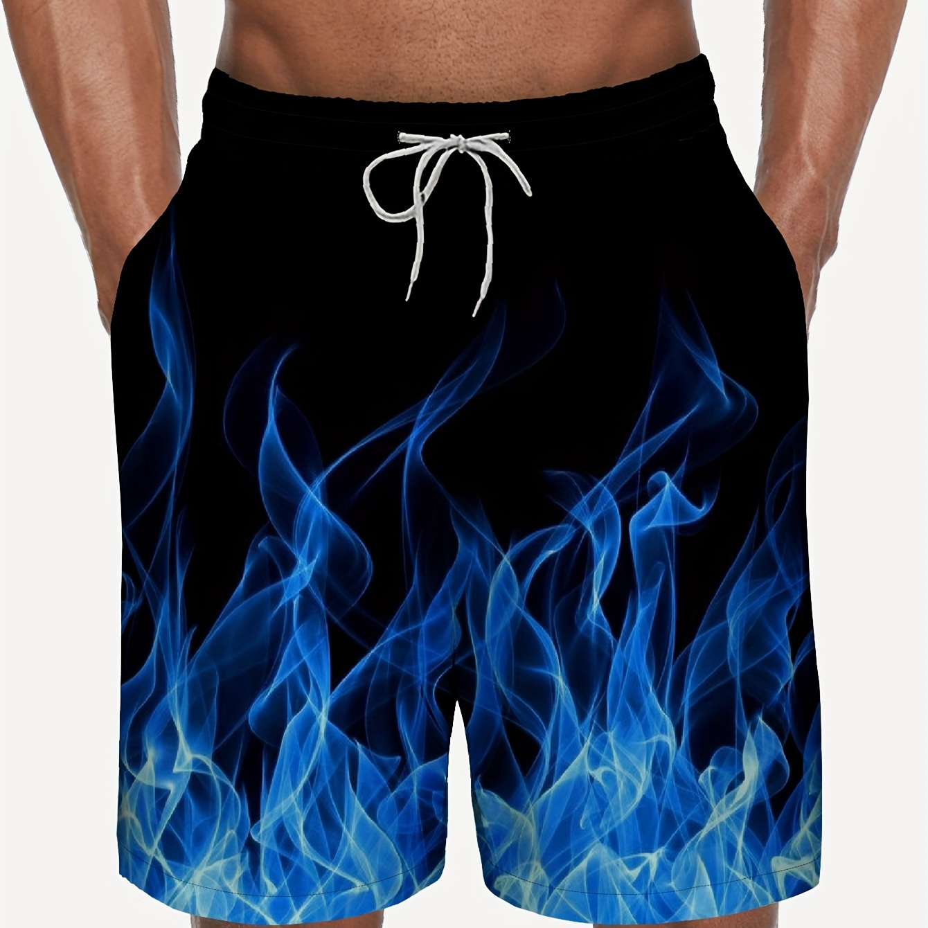 

Flame Graphic Digital Print Men's Fashion Drawstring Summer Shorts With Pockets For Beach Pool Party, Single Layer Shorts Without Mesh Lining