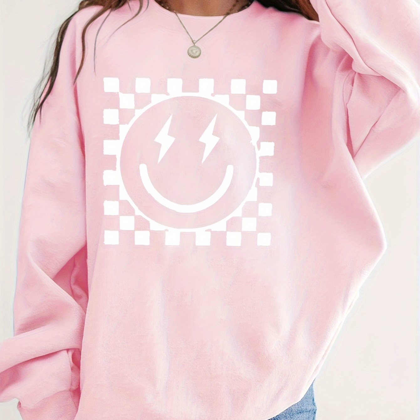 

Women's Face Graphic Sweatshirt - Cozy Pink Polyester Crew Neck Pullover, Machine Washable, Spring & Fall