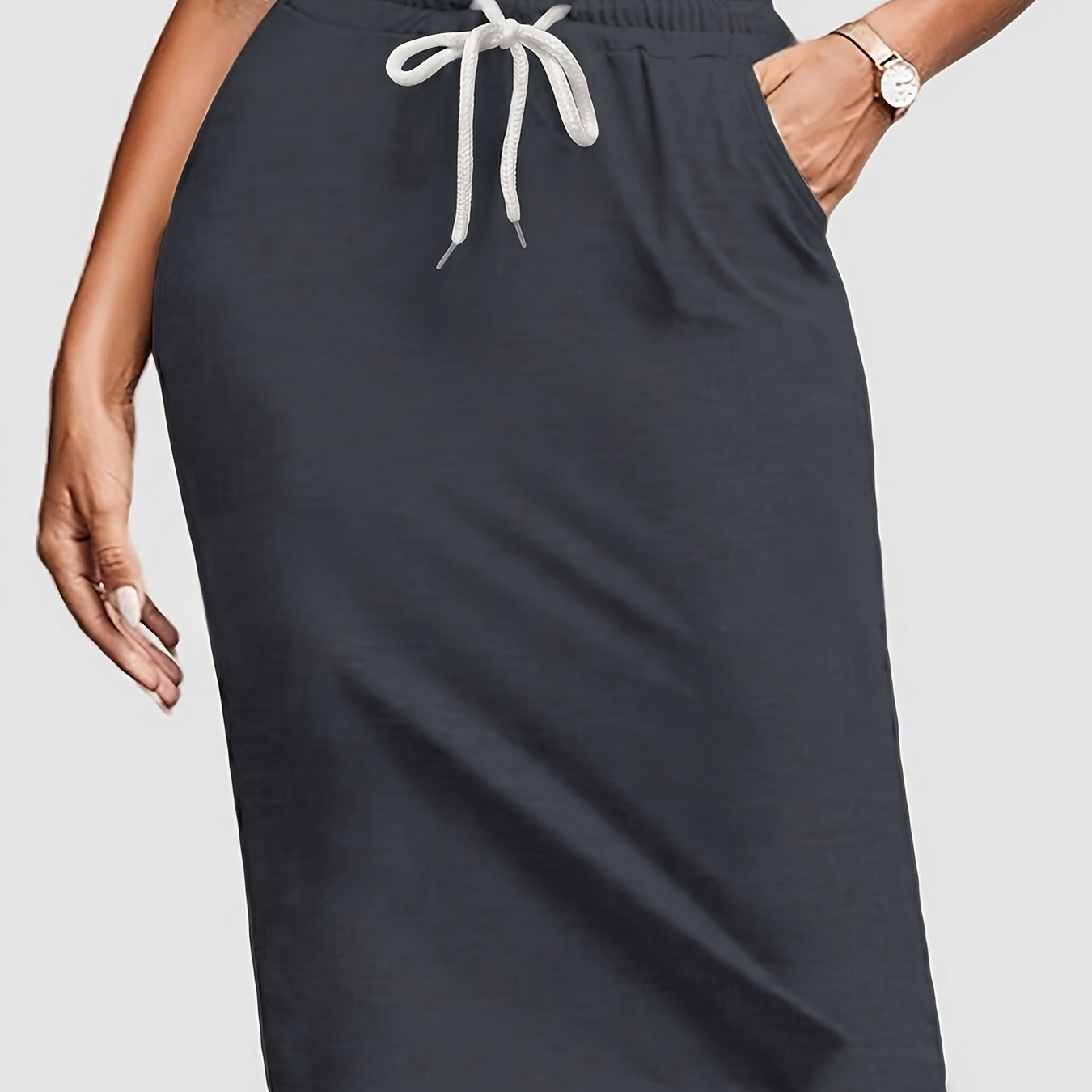 

Solid Color Slant Pocket Skirt, Casual Drawstring Waist Skirt For , Women's Clothing