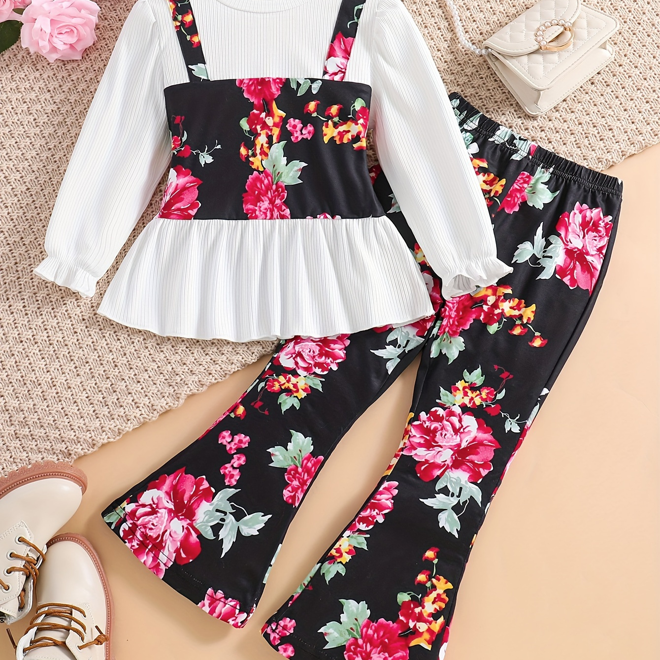

Girls 2pcs Contrast Floral Long Sleeve Peplum Top & Flare Trousers Casual Style Girls Set