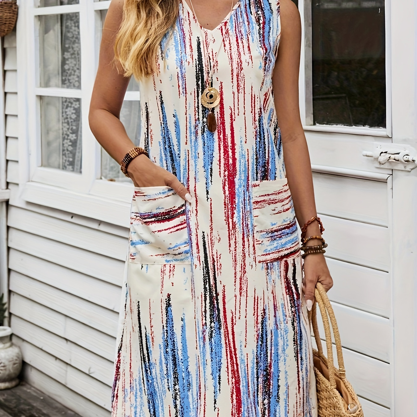 

Colorblock With Pocket Loose Tank Dress, Casual V Neck Sleeveless Dress For Spring & Summer, Women's Clothing