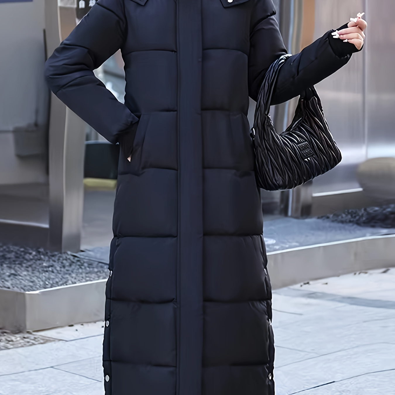 

Women's Long-length Puffer Down Coat With Hood, 100% Polyester Solid Color Quilted Winter Jacket, Non-stretch Woven Fabric, Full Zip Regular Sleeve - Casual