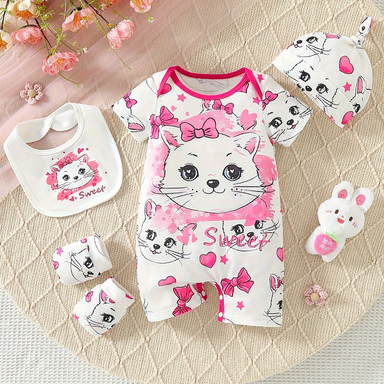 

Infant's Lovely Kitten Print Bodysuit Set, Casual Short Sleeve Onesie & Hat & Bib & Baby Mittens Set, Baby Girl's Clothing, As Gift
