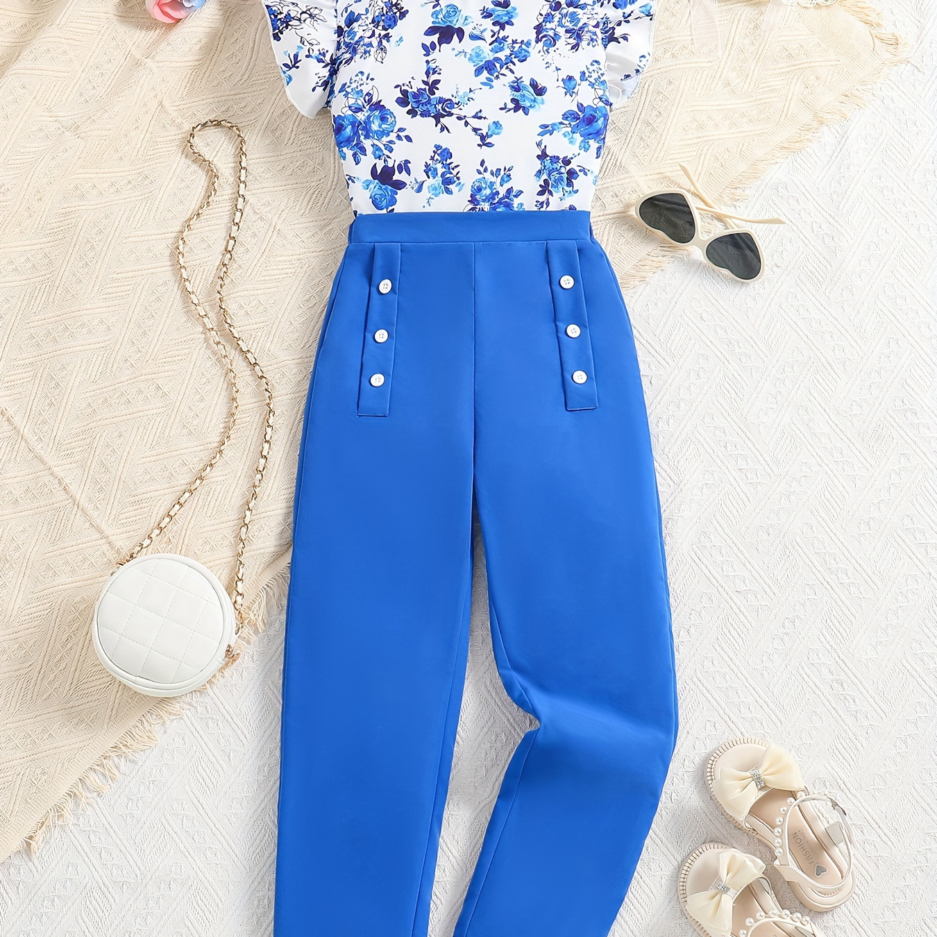 

Girl's 2pcs, Blue Floral Flounce Sleeve Blouse Top + Straight Suit Pants Set Trendy 2-piece Summer Outfit