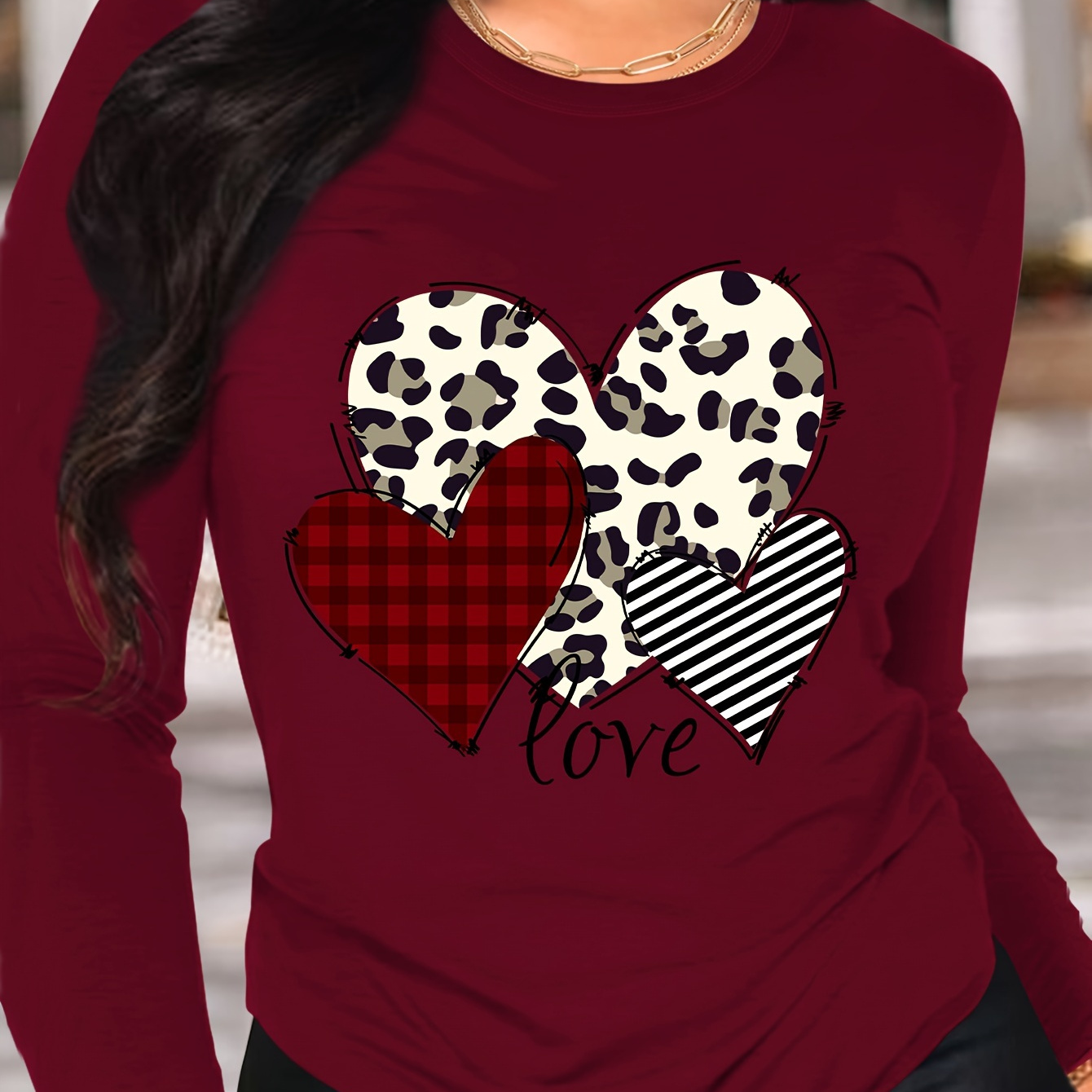 

Heart Print T-shirt, Long Sleeve Crew Neck Casual Top For Spring & Fall, Women's Clothing