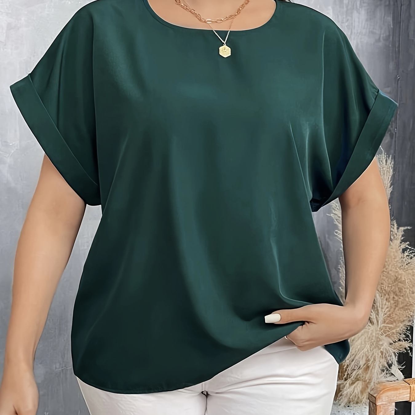 

Plus Size Solid Color Blouse, Casual Crew Neck Short Sleeve Blouse For , Women's Plus Size Clothing