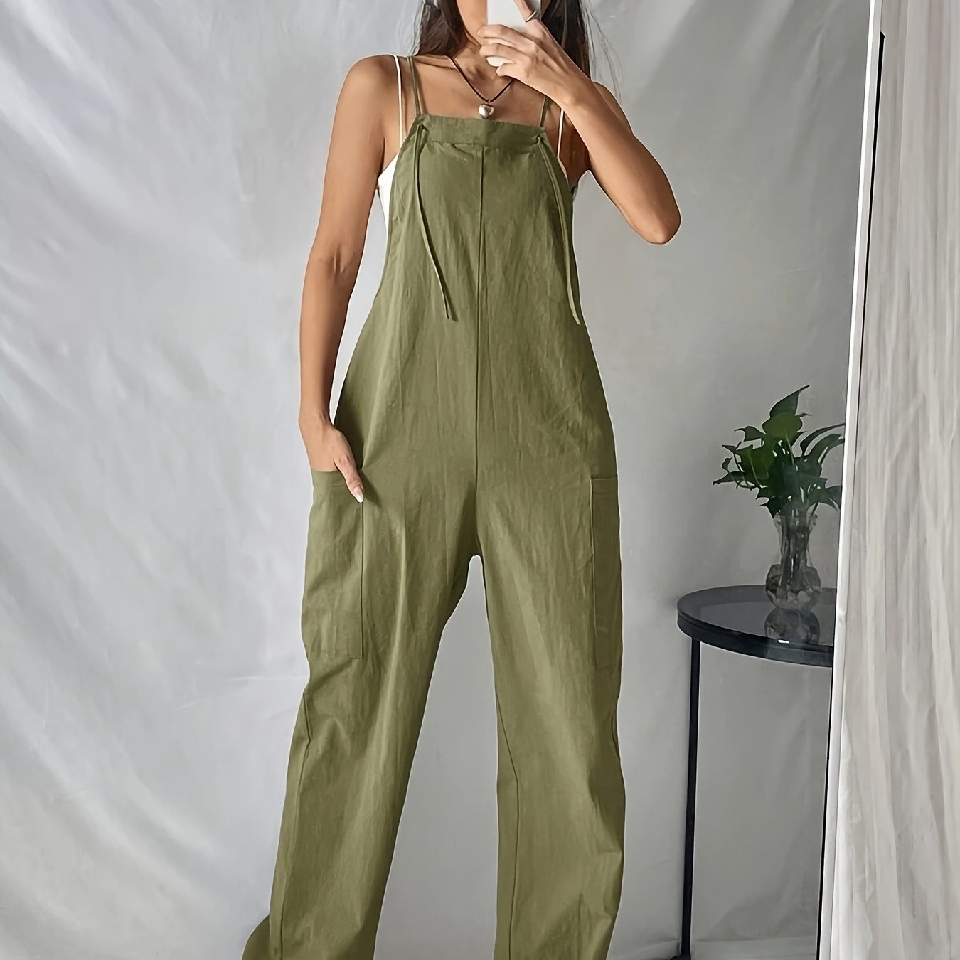 

Solid Color Spaghetti Strap Overalls, Casual Sleeveless Straight Leg Jumpsuit For Spring & Summer, Women's Clothing