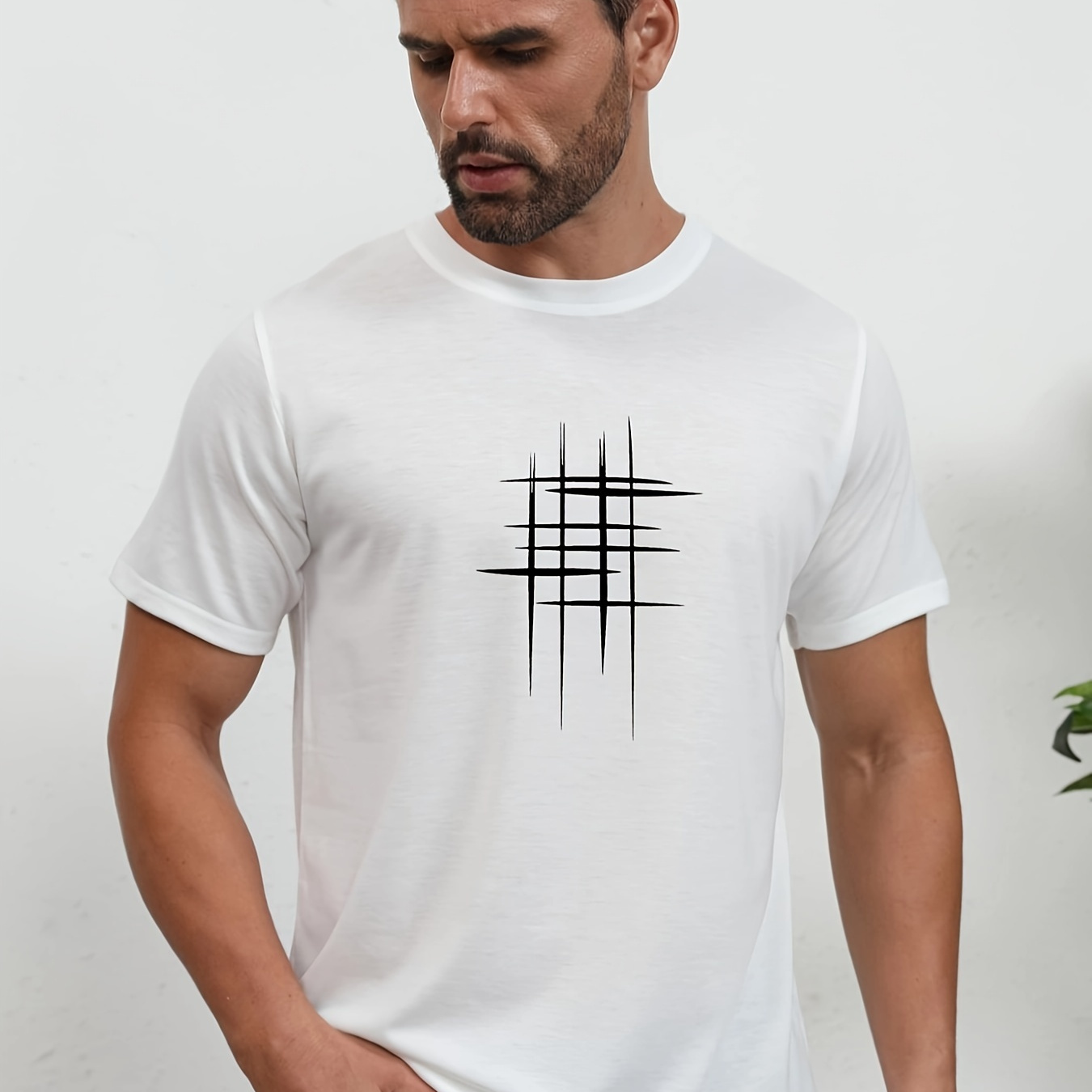 

Line Cross Men's T-shirt For Summer Outdoor, Casual Slightly Stretch Crew Neck Tee Short Sleeve Graphic Stylish Clothing