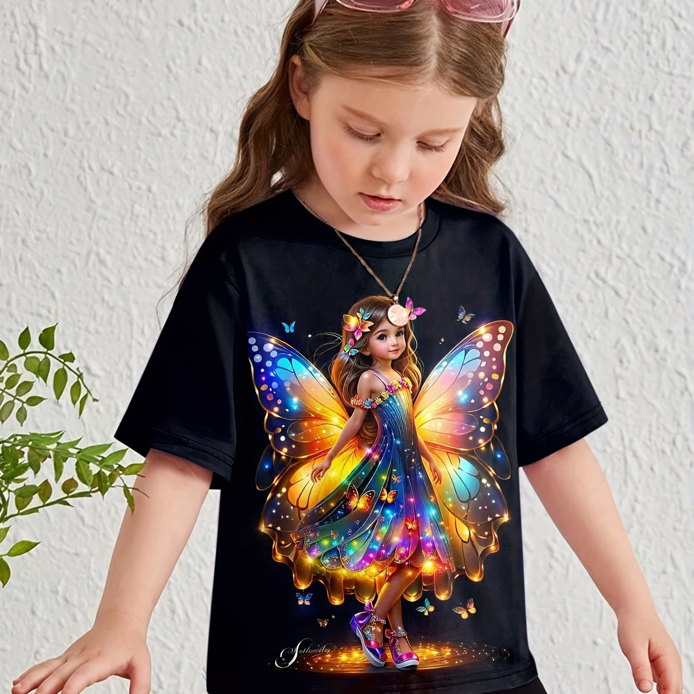 

Cartoon Butterfly Print Short Sleeve Crew Neck T-shirt For Girls, Summer Comfy Casual Tee Outdoor