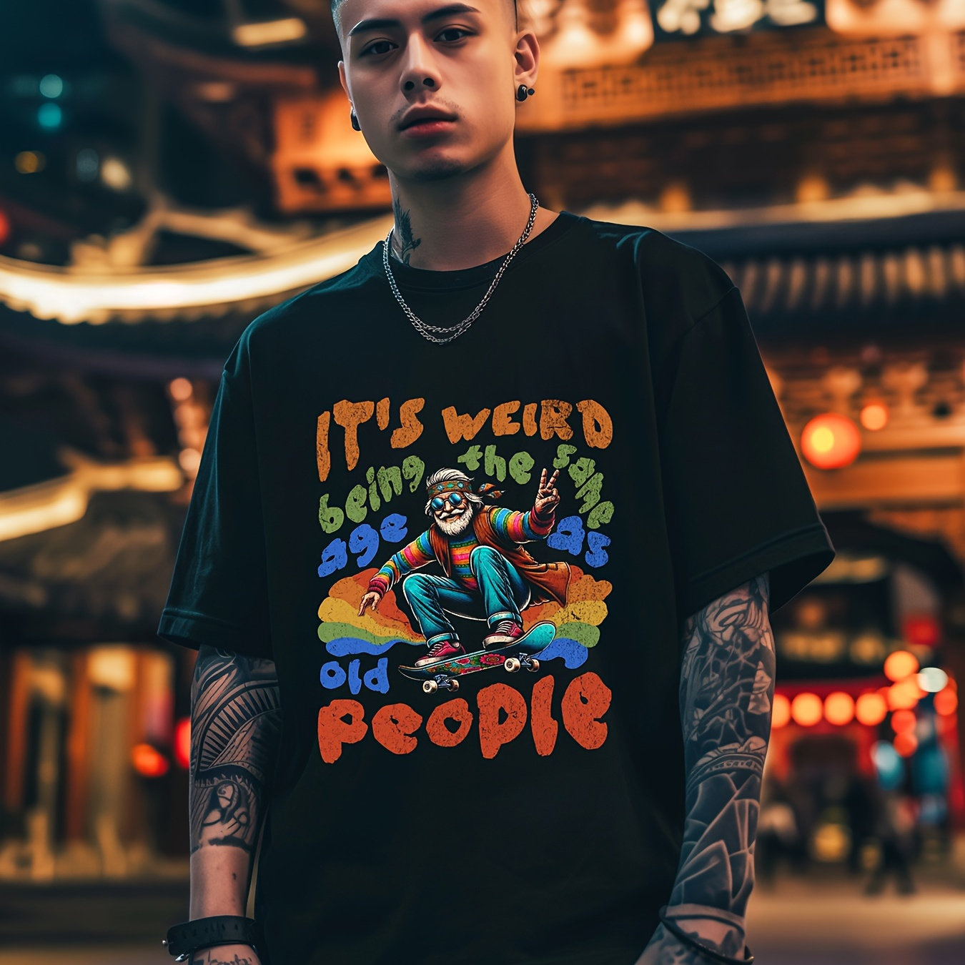 

Men's Creative Graphic Crew Neck T-shirt With Stylish Print, Comfy Tee For Summer, Men's Short Sleeve Top For Daily Activities