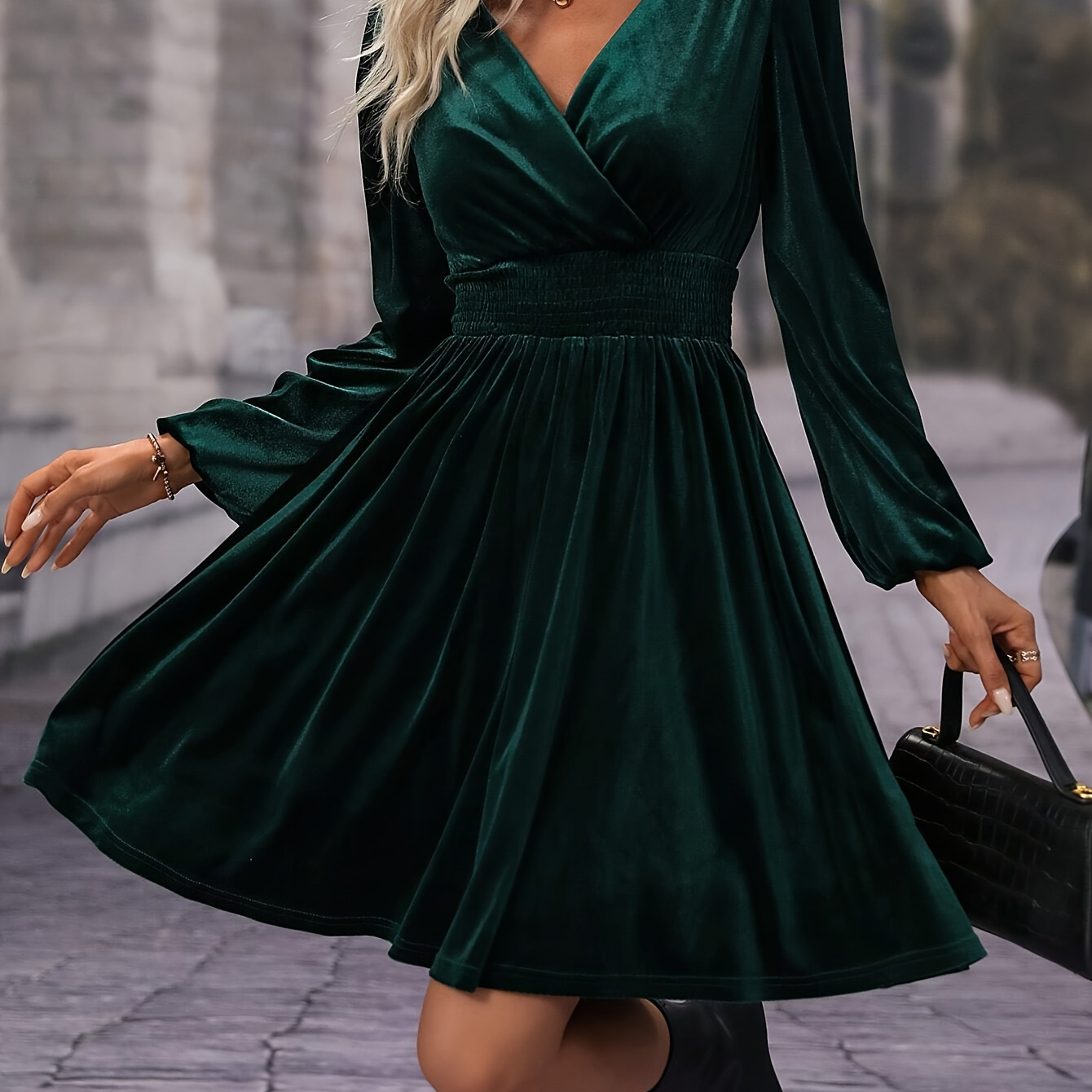 

Solid Color Surplice Neck A-line Dress, Elegant Lantern Sleeve Shirred Waist Above Knee Dress, Women's Clothing