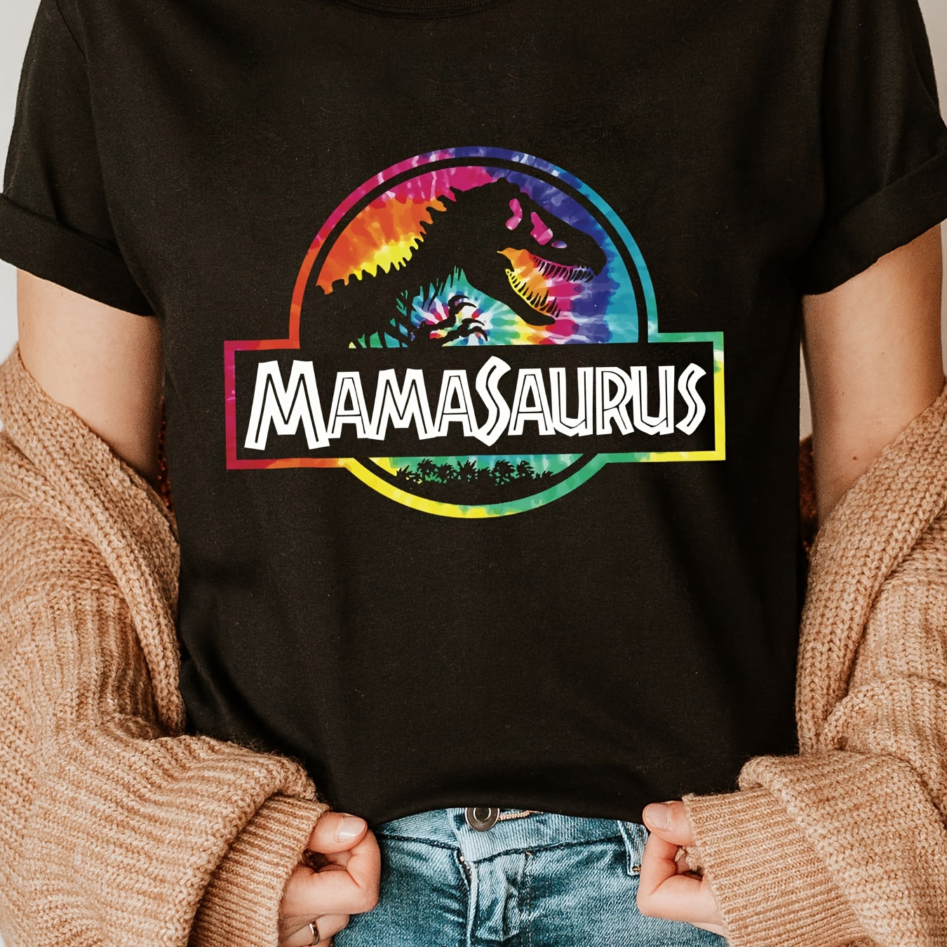 

Dinosaur Print Crew Neck T-shirt, Short Sleeve Casual Top For Summer & Spring, Women's Clothing