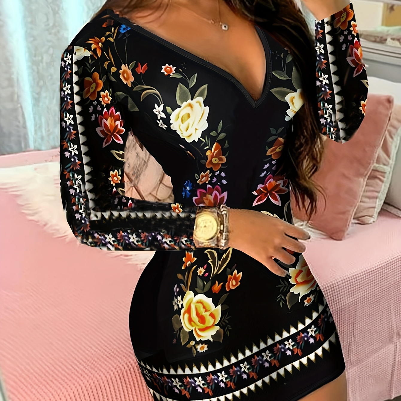 

Autumn , Vintage Floral Print Deep V-neck Bodycon Dress, Polyester Knit Fabric, Stretchy Elastane , Elegant Fall Season Adult Dress, Fall Dresses