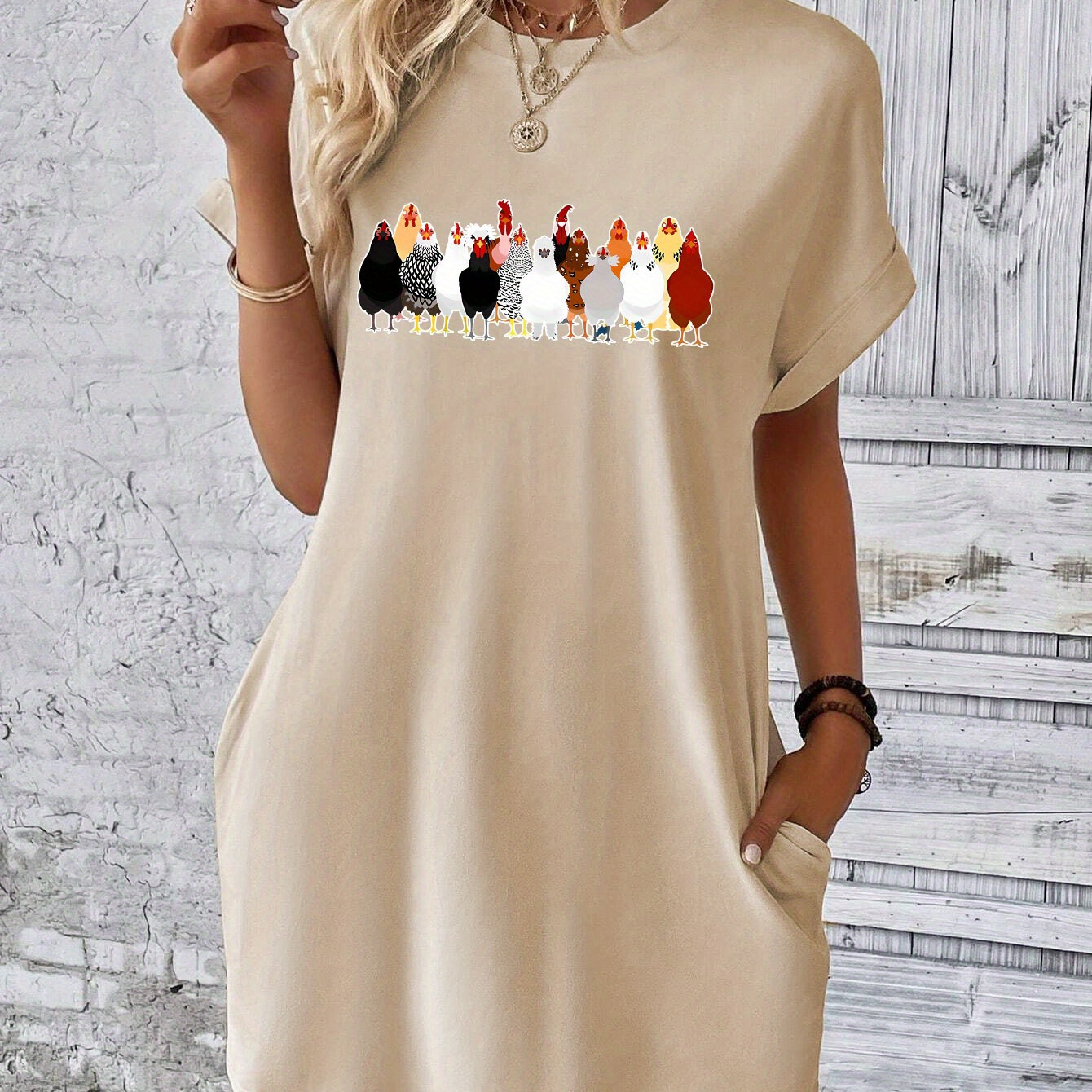 

Chicken Print Tee Dress, Short Sleeve Crew Neck Casual Dress For Summer & Spring, Women's Clothing