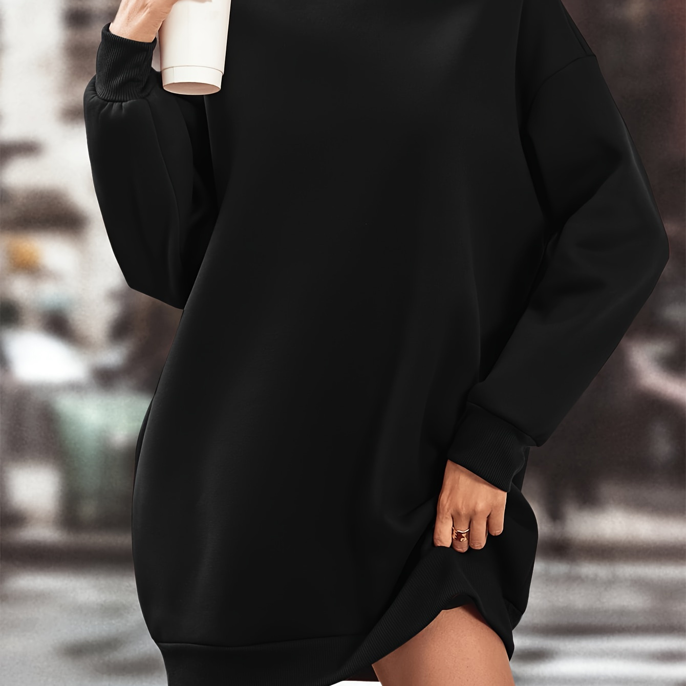 

Robe sweat pour femme avec doublure en - Tissu tricoté en polyester, couleur unie, col rond, vêtements décontractés à manches longues et pour toutes les