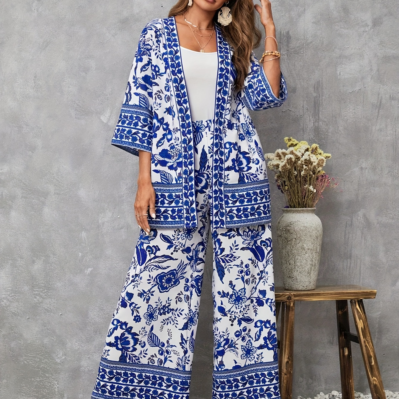 

Floral Print Matching Two-piece Set, Casual Half Sleeve Shirt & Wide Leg Pants Outfits, Women's Clothing