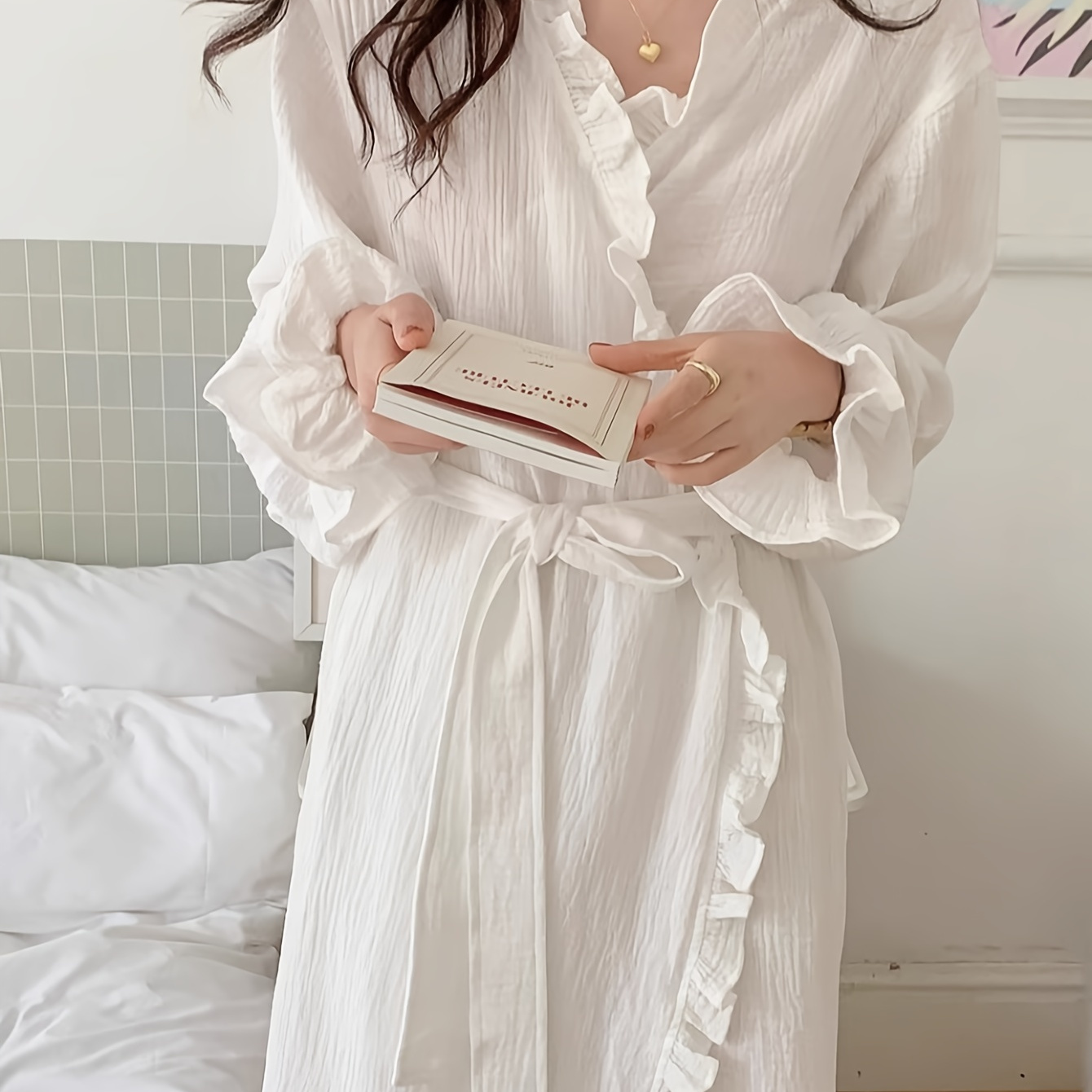 

Women's Sexy V-neck Yukata Robe - 100% Polyester Solid Color Long Sleeve Night Dress With Ruffle Detail, Straight Skirt Silhouette, Woven 160g/m², With Belt For