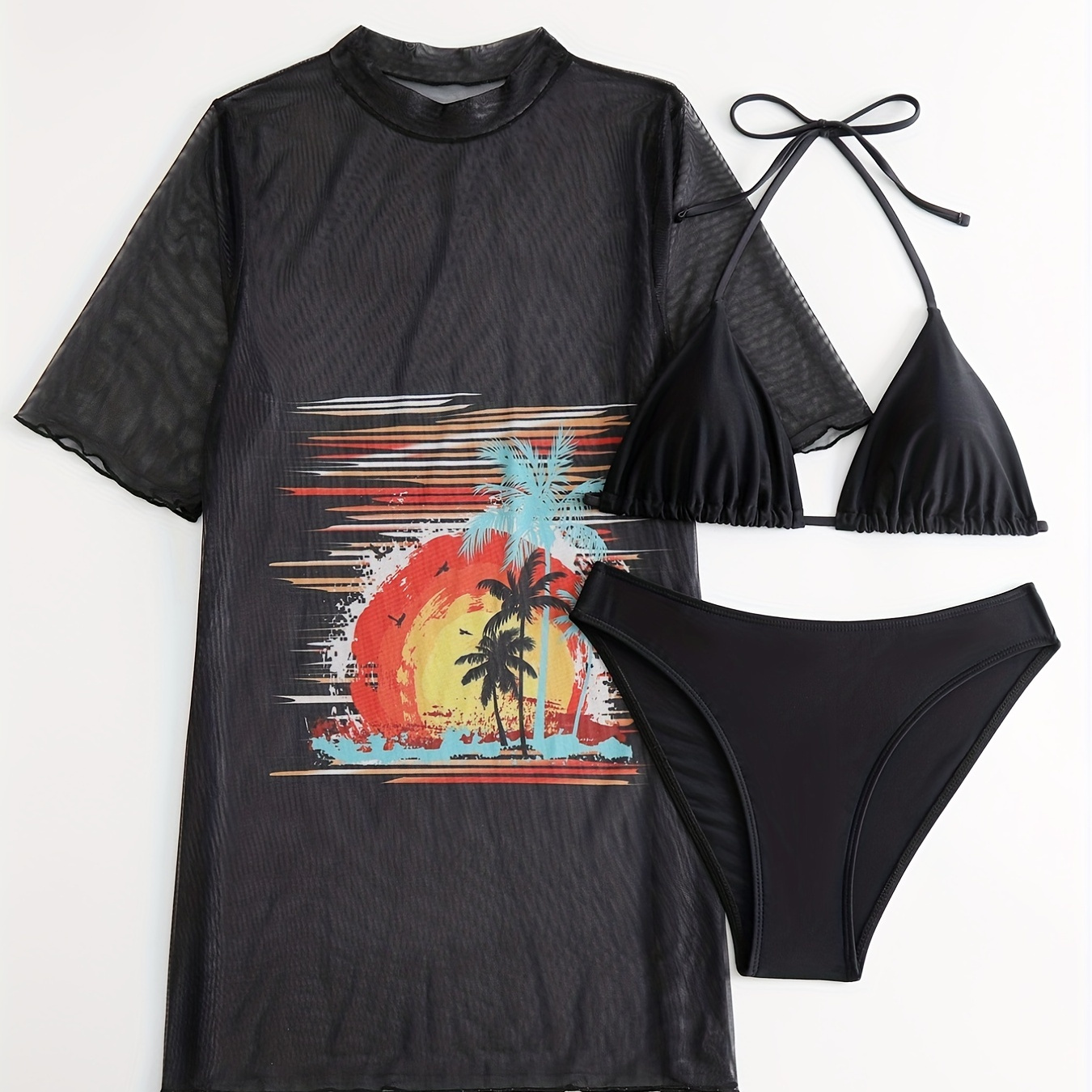 

Tropical Print Tie Neck Triangle Bikini Set, Black Halter Mesh Cover Up High Strech Swimsuit, Coconut Sunset Pattern Vacation Style 3 Piece Set, Women's Swimwear & Clothing