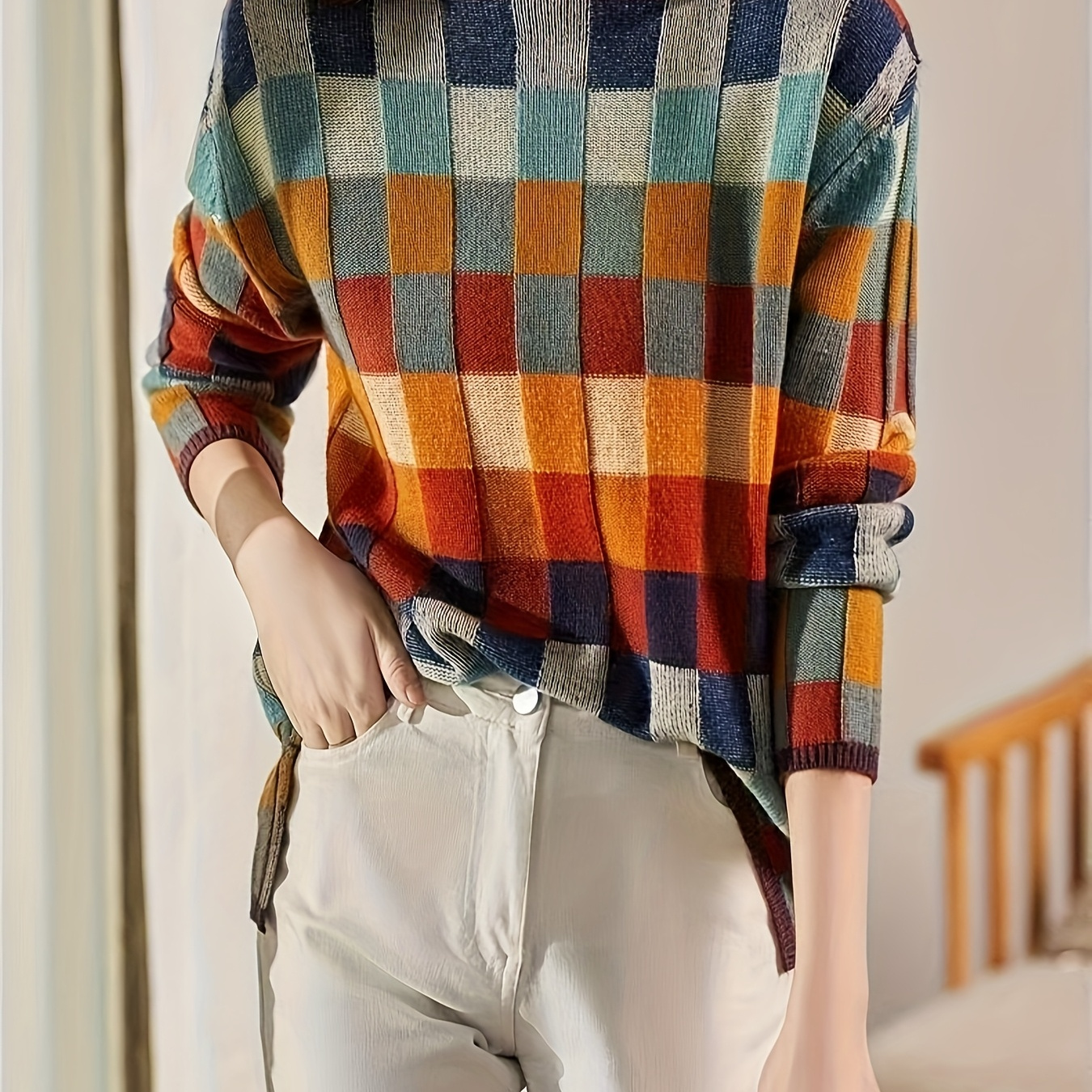 

Cozy & Chic Women's High-neck Checkerboard Sweater - Elegant Pattern, Soft Polyester Knit, Fall & Winter, Machine Washable