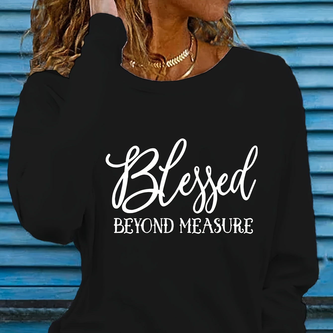 

[1pc Letter Print Long Sleeve T-shirt] 1pc Women's Casual Long Sleeve T-shirt With "blessed " Letter Print, Polyester Knit Fabric, Round Neck, Slim Fit, Regular Length - Autumn/ Top