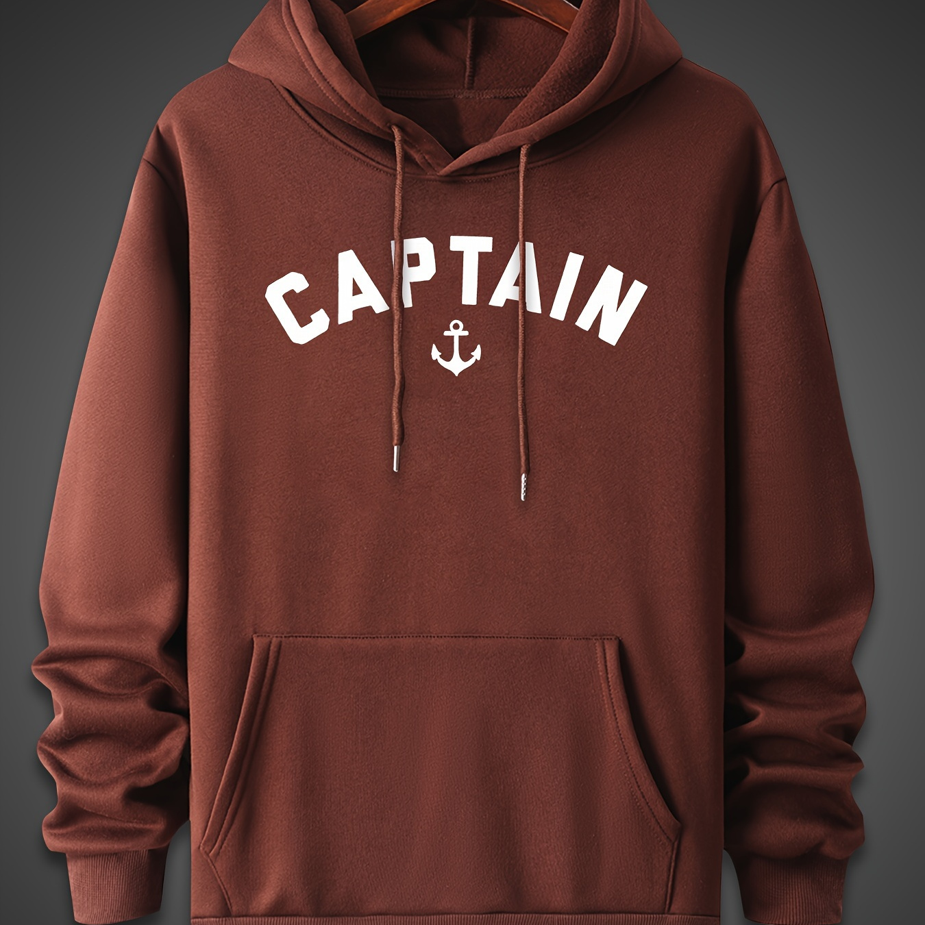 

Men's Captain Letter Print Hoodie With Pocket, Casual Loose Hooded Long Sleeve Slightly Stretch Pullover Sweatshirt Top, Men's Clothings For Outdoor
