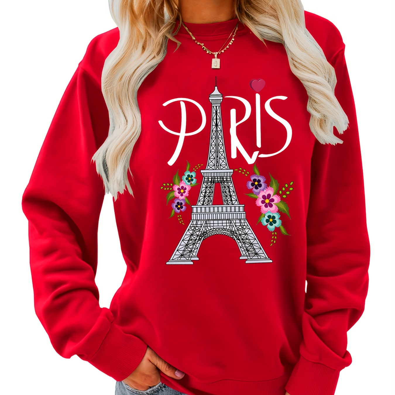 

Sweat à manches longues pour femme avec imprimé Tour Eiffel - Pullover décontracté en polyester à col rond pour /l'hiver - Haut de pull à motif floral et alphabet