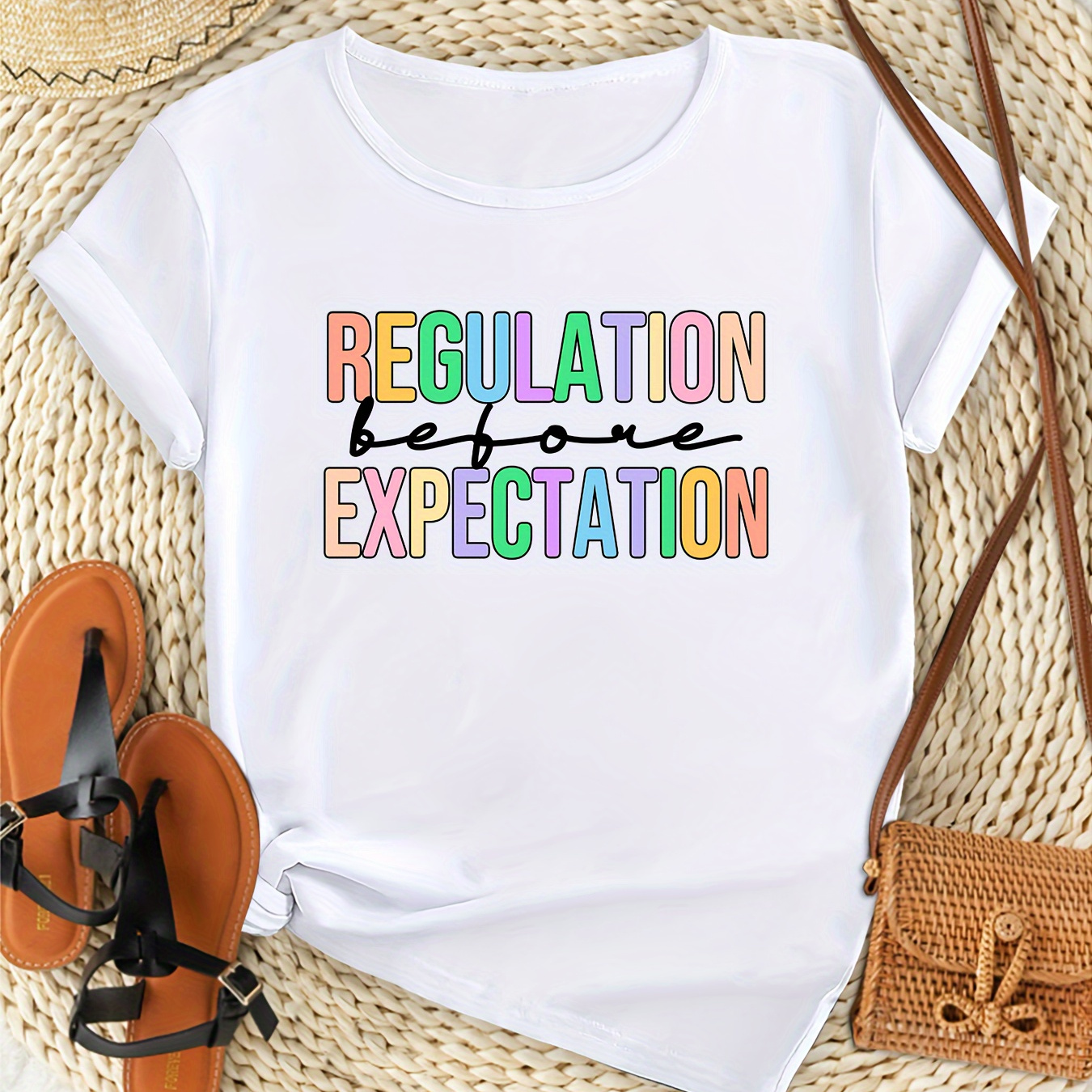 

Women's Plus Size Casual Sporty T-shirt, "regulation Before Expectation" Letter Print, Comfort Fit Short Sleeve Tee, Fashion Breathable Casual Top