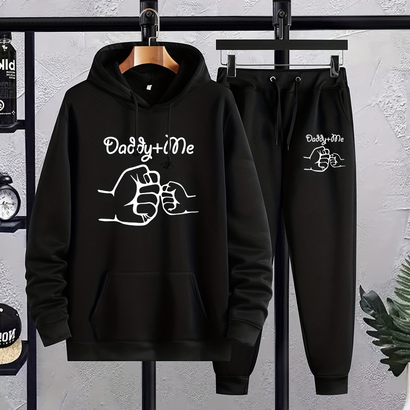 

Casual 2pcs Set, Men's Daddy And Me Print Hoodie & Drawstring Sweatpants Matching Set For Fall Winter