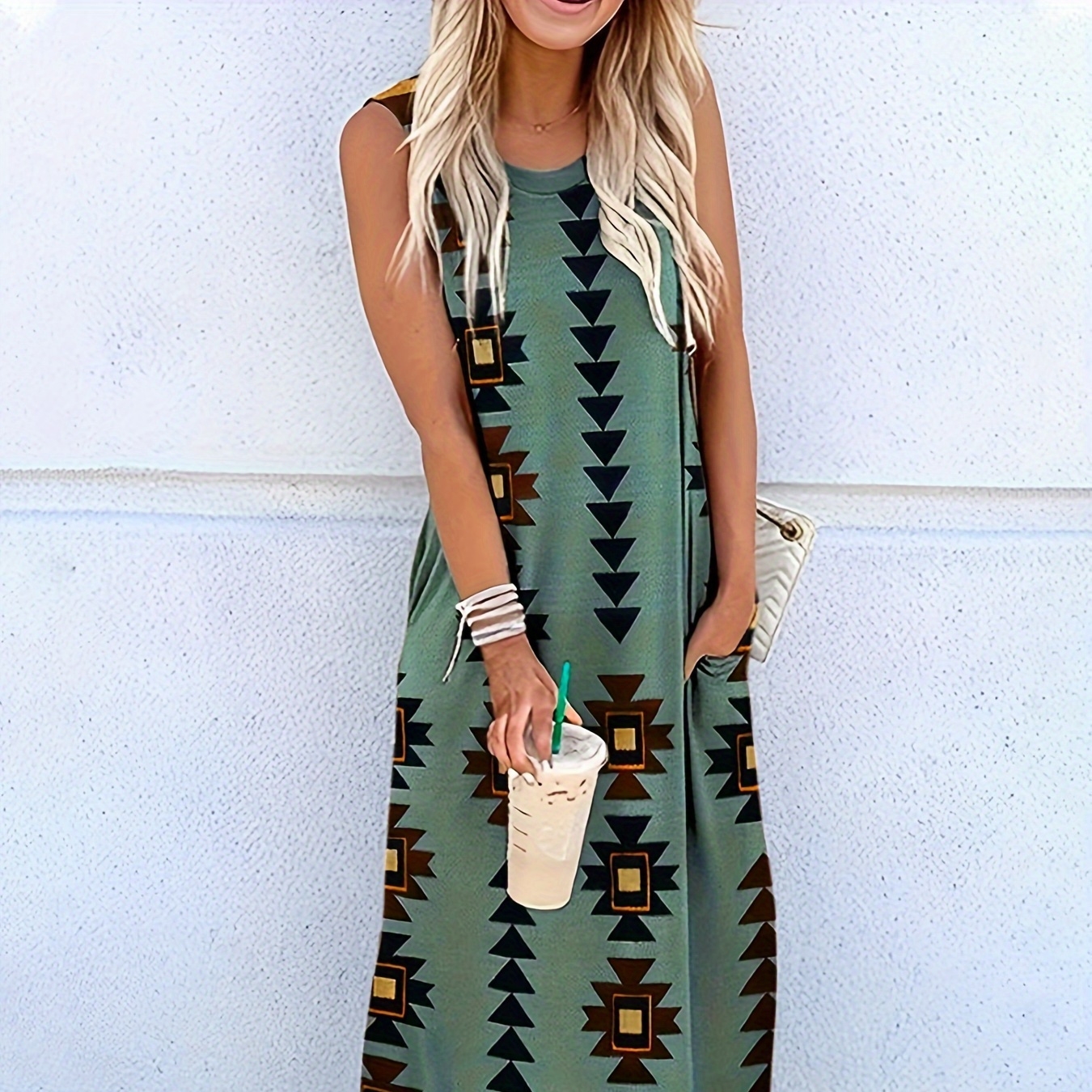 

Geo Print Split Hem Maxi Dress, Vacation Sleeveless Crew Neck Loose Dress, Women's Clothing