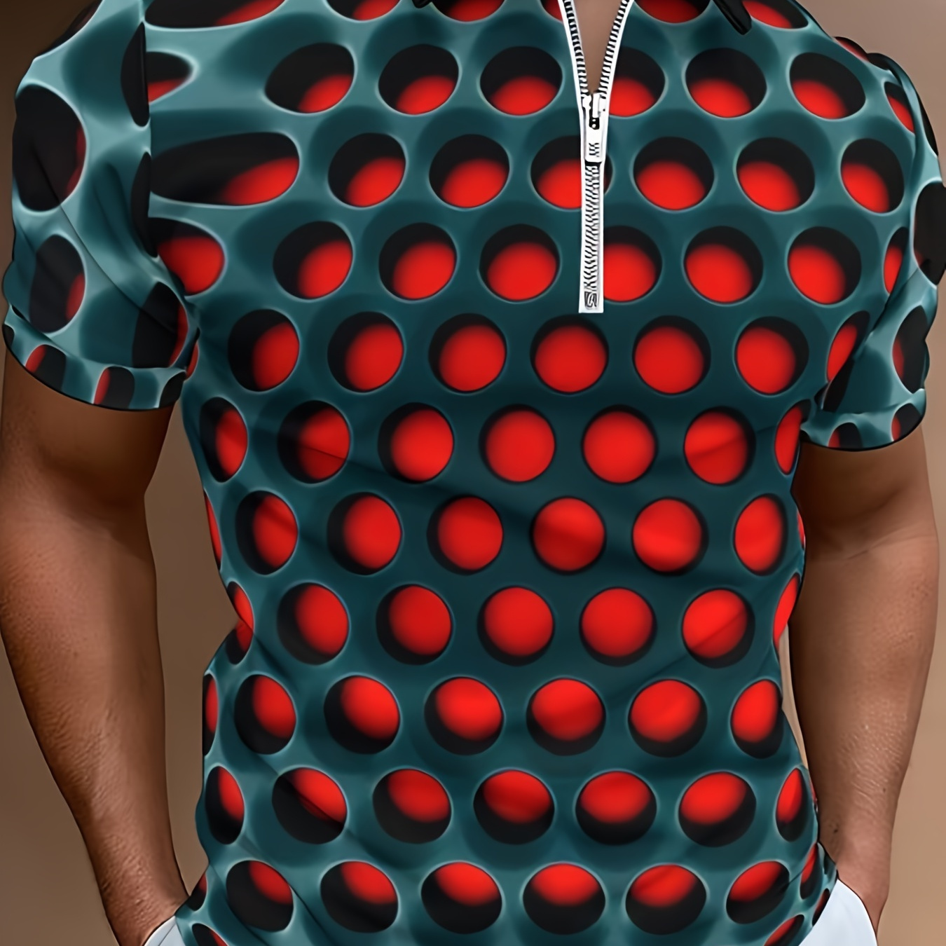 

Optical Illusion Holes 3d Print Men's Novelty Short Sleeve Zipper Lapel Shirt, Summer Street, Gift For Men