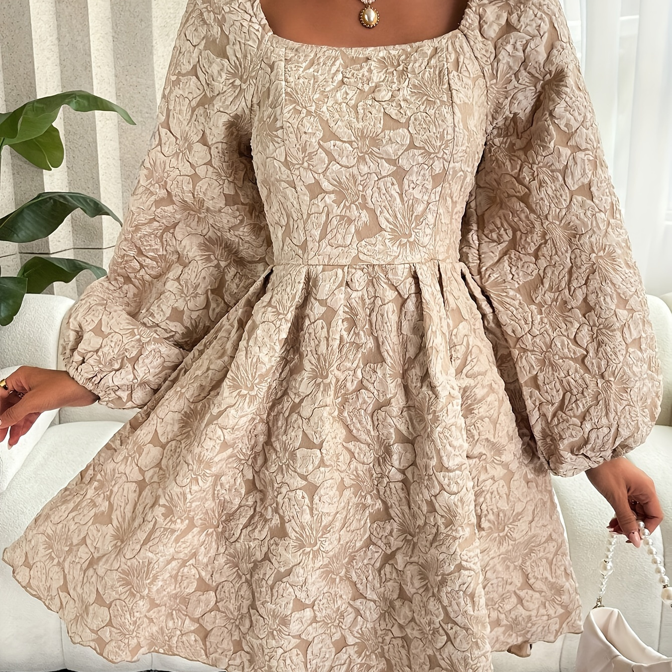 

Floral Jacquard Square Neck Dress, Elegant Lantern Sleeve A-line Dress For Spring & Fall, Women's Clothing