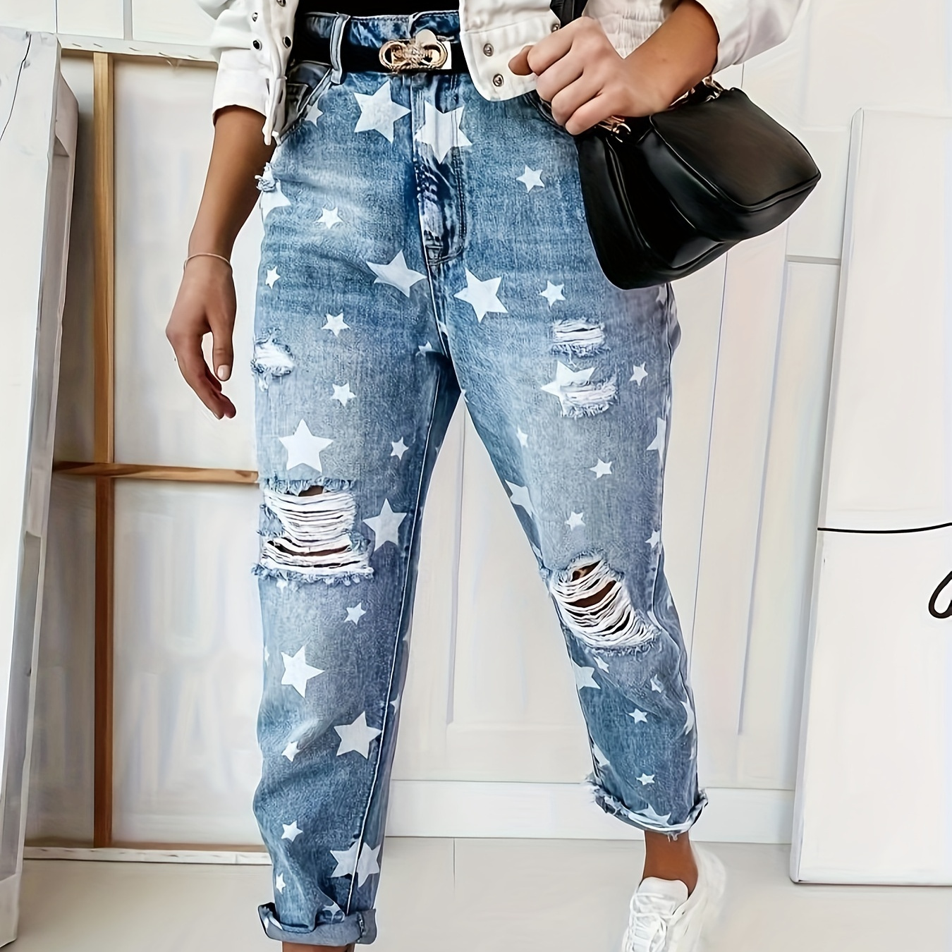 Jeans Retos Com Estampa De Estrela Buracos Rasgados - Temu