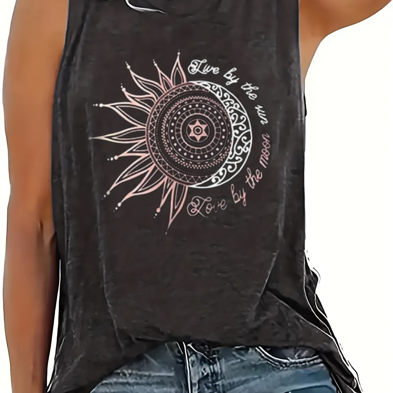 

Sun & Moon Print Crew Neck Tank Top, Casual Sleeveless Tank Top For Summer, Women's Clothing