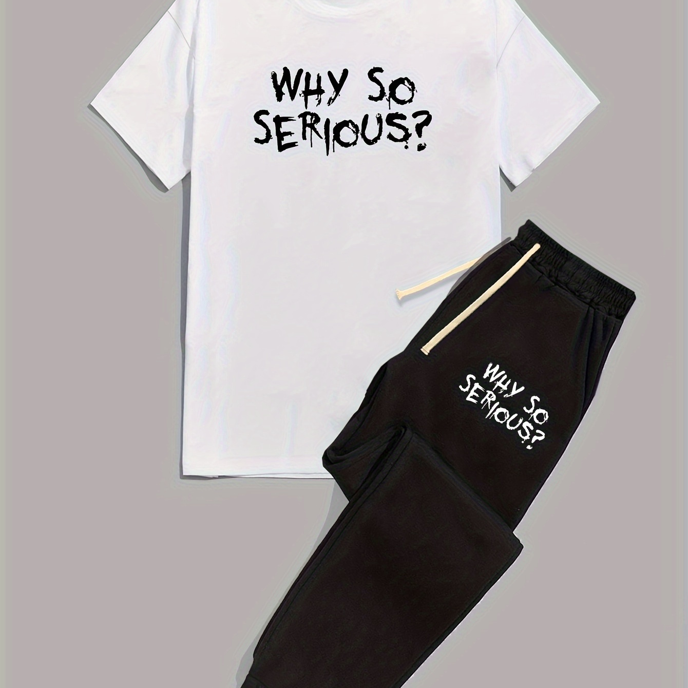 

Men's "why So Serious" Print Casual T-shirt Outfit Set, Round Neck Short Sleeve Tee And Drawstring Sweatpants